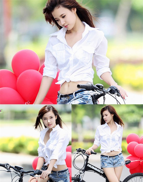 Hotgirl Midu trẻ trung, năng động và không kém phần gợi cảm trong những bộ ảnh tạo dáng bên xe đạp.