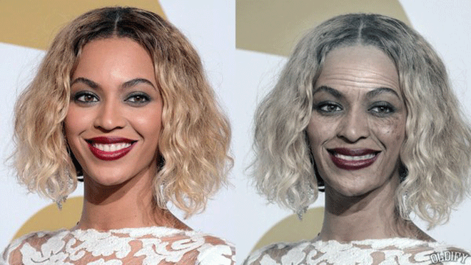 Beyonce với khuôn mặt đầy nếp nhăn. Mái tóc vàng thời thượng ngày nào nay đã bạc trắng.