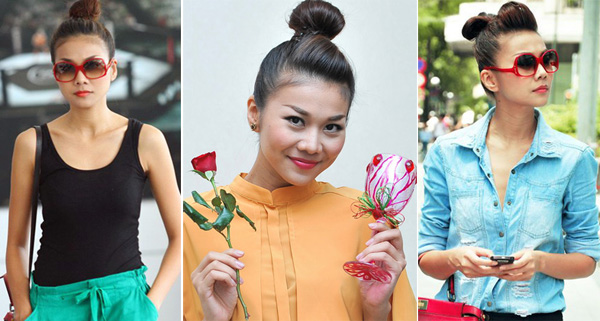 Tóc buộc đỉnh đầu, với kiểu đơn giản hay chút biến tấu ở mái, chải phồng, là phong cách được Thanh Hằng lựa chọn khi đi dạo phố.