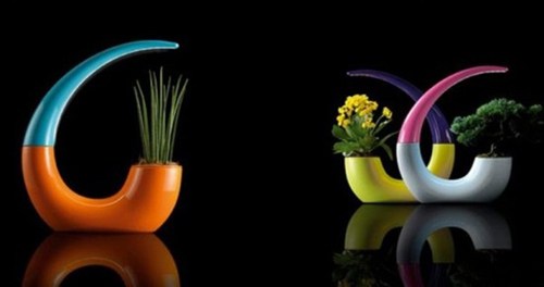 Loại chậu cây cảnh này được thiết kế hình một chiếc sừng với đèn led gắn ở đuôi và phần chậu cây được tô vẽ hoa văn.