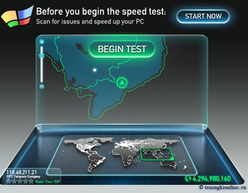 Cách 1: Bạn có thể truy cập vào trang https://www.speedtest.net/ - nhấn Begin test để kiểm tra tốc độ vào website của thiết bị.