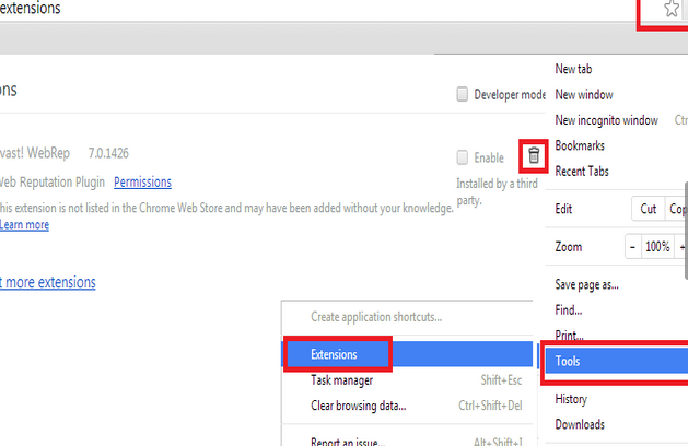 Bước 3: Gỡ bỏ các ứng dụng không cần thiết trên Add -ons của trình duyệt web. Nhấp vào biểu tượng Control (góc phải của Google chrome) -> Tools -> Extensions -> bảng Add-ons hiện ra -> Bạn chọn ứng dụng muốn xóa và nhấn vào biểu tượng 'thùng rác' bên phải chúng.