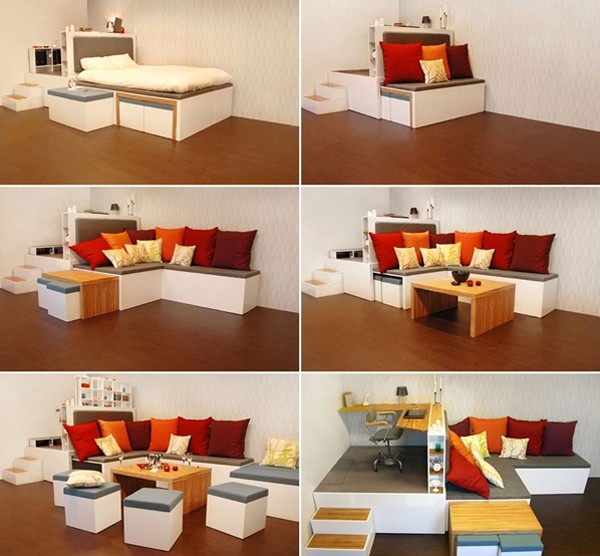 Bộ nội thất đa năng vốn không quá lớn nhưng nó có thể biến thành giường ngủ, sofa tiếp khách hay bàn nước 4 chỗ một cách nhanh chóng. Không những vậy nó còn có một góc làm việc rất tiện lợi và đáng mơ ước.