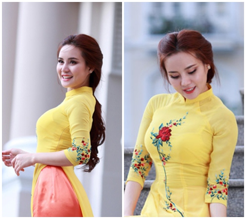 Tóc truyền thống rất hợp với chiếc áo dài cô đang mặc.