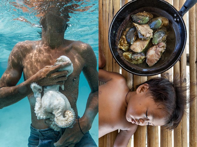 Một người Bajau đang ôm con bạch tuộc vừa săn được.