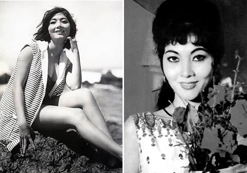 Minh tinh Thẩm Thúy Hằng với bộ áo tắm được kết hợp với chiếc áo khoác kẻ ngang đầy gợi cảm. Bà được coi là biểu tượng nhan sắc phụ nữ một thời ở Sài Gòn nói riêng và miền Nam nói chung.