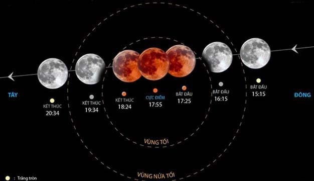 Ảnh mô phỏng các giai đoạn trong nguyệt thực toàn phần và trạng thái của mặt trăng hôm 8/10.