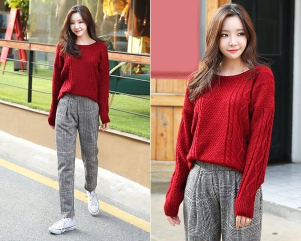 Quần vải thường có màu tím than, xám, đen, kẻ sọc hoặc caro, nàng nên kết hợp với áo gam đỏ đun, camel, trắng sữa..