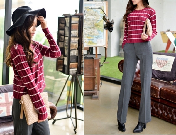 Với quần baggy vải rộng rãi, thoải mái, phái đẹp hãy chọn áo nỉ, áo len hay cardigan đi cùng khi tiết trời se lạnh.