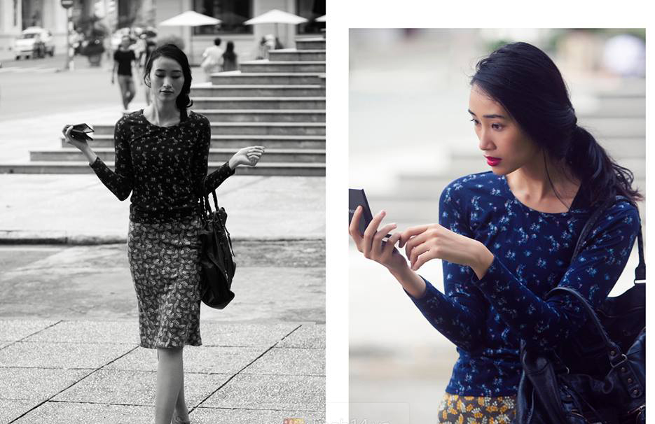 Cũng là áo thun outfit với chân váy bút chì như bao cô nàng công sở khác nhưng cách để quấn tóc hờ hững của Trang Khiếu đã tôn bộ đồ lên.