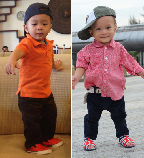 Jacky có gương mặt láu lỉnh nên rất hợp với các kiểu quần áo nghịch ngợm. Những món đồ không thể thiếu khi cậu nhóc này ra phố đó là mũ lưỡi trai và giày thể thao.