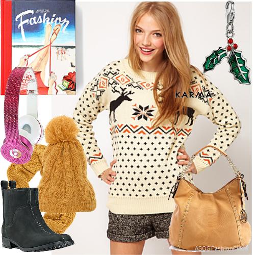Bạn có thể diện chiếc sweater trắng họa tiết tuần lộc đen này với quần short ngắn, bốt lông và nhiều phụ kiện khác.