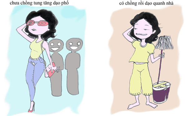 Chưa chồng tung tăng dạo phố. Có chồng chỉ dạo quanh nhà cũng đã hết ngày.