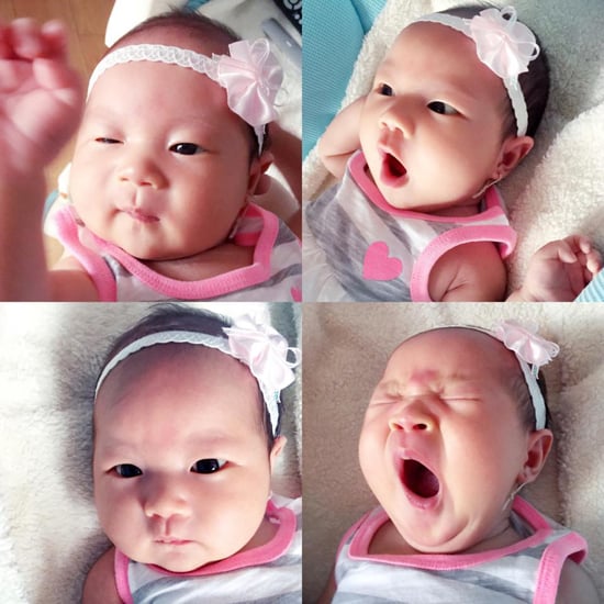 Cô bé Sunny mới 3 tuần tuổi đã được mẹ đeo bờm đáng yêu để chụp ảnh.