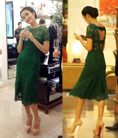 Với chiếc đầm hàng hiệu màu xanh lá cây sẫm có thiết kế đơn giản và gợi cảm này, Hà Tăng yêu kiều và cuốn hút như một công nương.