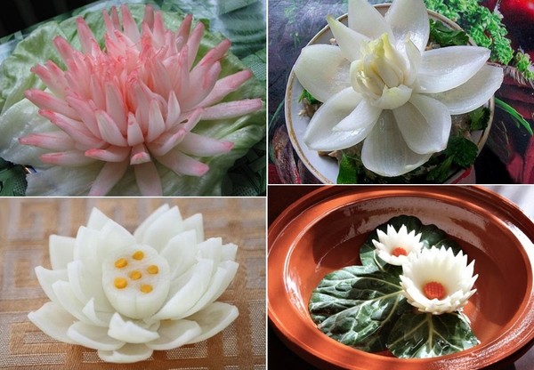 Nguyên liệu dùng để tỉa những bông hoa sen này vô cùng đơn giản, Chỉ cần vài củ hành tây và một con dao bạn có thể trổ tài rồi...