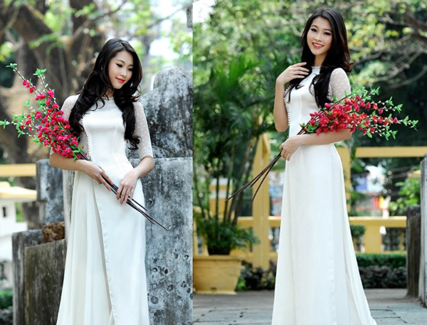 Trong tà áo dài trắng đón xuân, hoa hậu cũng xinh đẹp và hút hồn không kém.