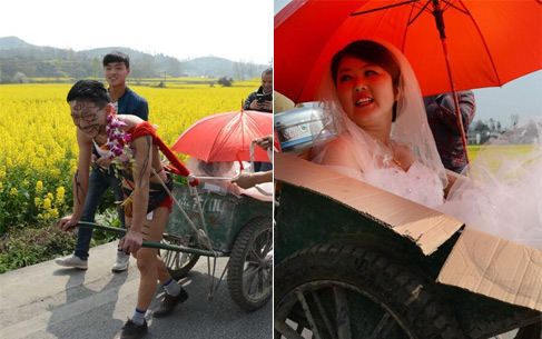 Chú rể cởi trần kéo xe bò đi đón cô dâu gây xôn xao