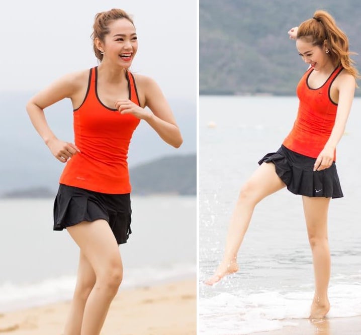 Minh Hằng tinh nghịch, dạo chơi trên bãi biển Nha Trang
