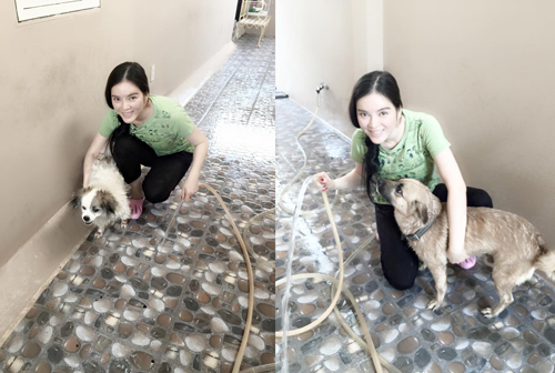 Lý Nhã Kỳ hạnh phúc giản dị tắm cho cún cưng