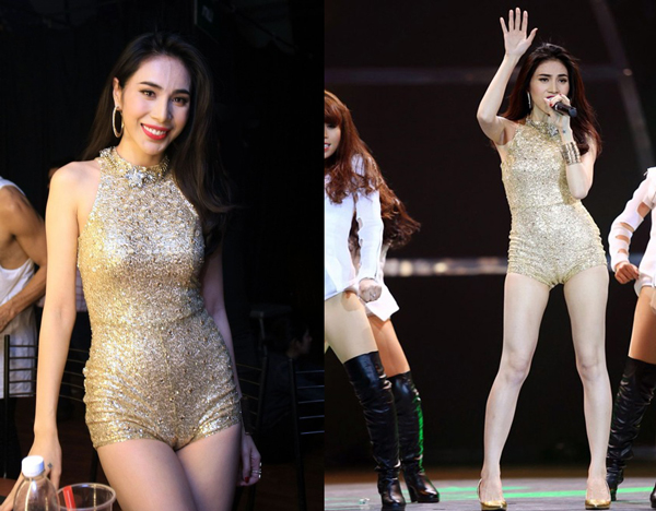 Thủy Tiên với bộ sumpsuit kém duyên khi quá bó sát và ngắn.