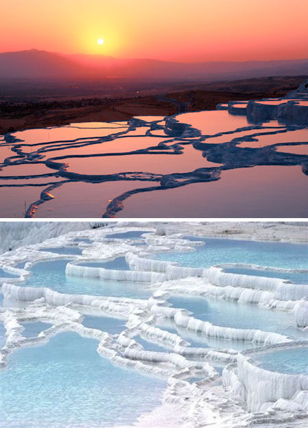 Pamukkale, Thổ Nhĩ Kỳ: Pamukkale nổi tiếng với những suối nước nóng chứa nhiều muối khoáng cacbonat được tích tụ tạo thành những 'ruộng bậc thang' đá vôi vô cùng ấn tượng, khiến ngành du lịch ở đây phát triển.