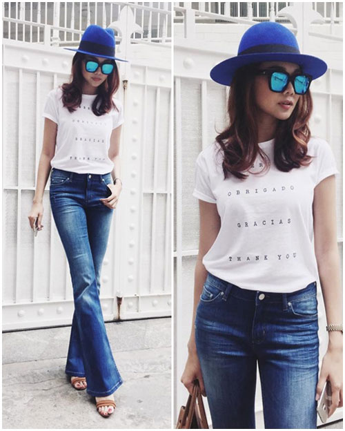 Thanh Hằng quay trở về thập niên 70 với chiếc quần jeans ống loe kết hợp cùng áo thun trắng.