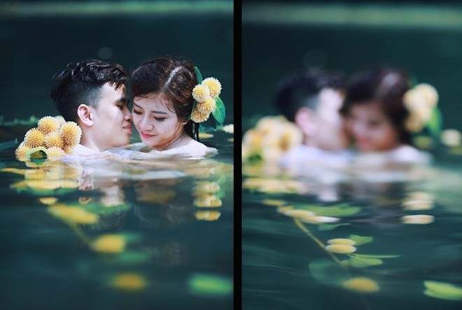 Sự hòa quyện giữa khung cảnh nguyên sơ, dòng nước xanh biếc và màu trắng tinh khôi của váy cưới đã tạo nên khoảng khắc ngọt ngào trong tình yêu.