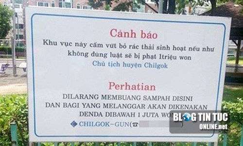 Một tấm biển cảnh báo cấm vứt rác bừa bãi tại (tỉnh Gyeongsang, Hàn Quốc).