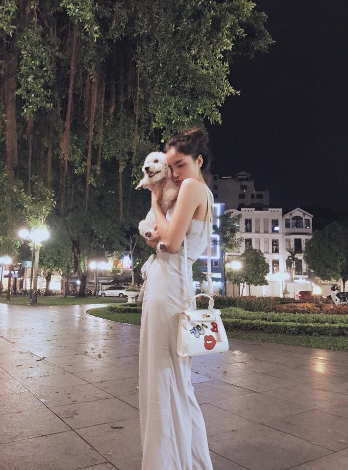 Hoa hậu Kỳ Duyên đưa cún cưng đi chơi tối.