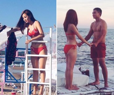 Minh Hằng diện bikini nóng bỏng, tạo dáng bên trai lạ