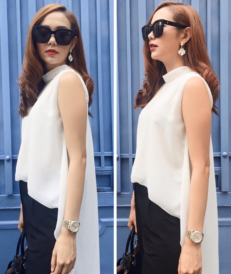 Minh Hằng trẻ trung, thanh lịch với áo sơ mi cách điệu