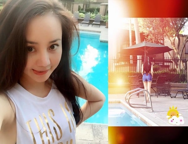 Vy Oanh khoe dáng thon gọn sau sinh khi thả dáng bên bể bơi.