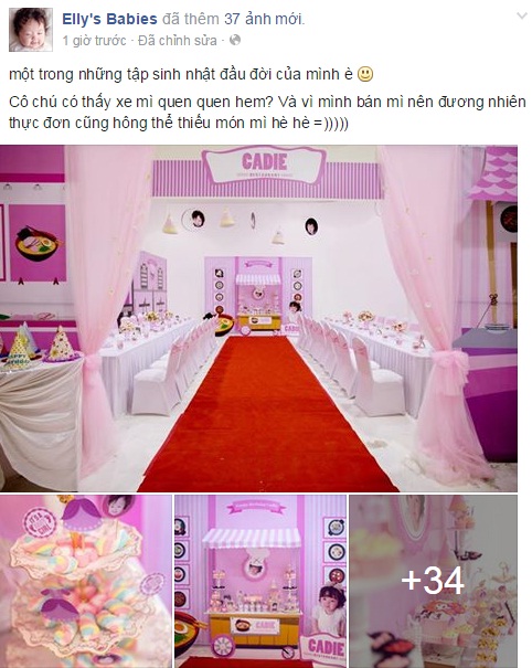 Bà mẹ xinh đẹp chú thích hóm hỉnh thay lời con gái: 'Một trong những tập sinh nhật đầu đời của mình nè. Cô chú có thấy xe mì quen quen hem? Và vì mình bán mì nên đương nhiên thực đơn cũng hông thể thiếu món mì.'