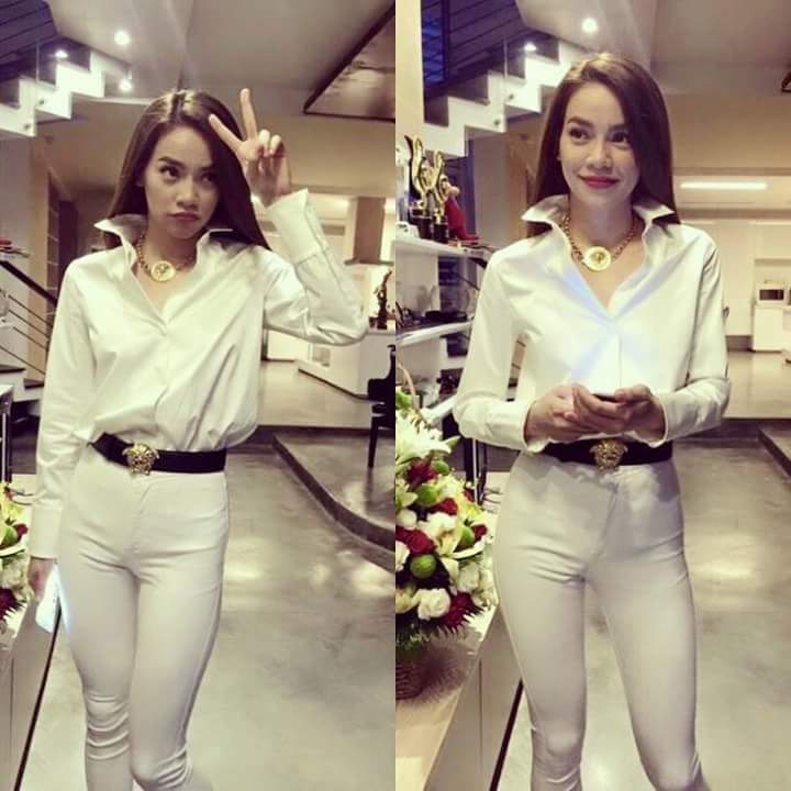Hồ Ngọc Hà diện 'cây trắng', tạo dáng xì tin.