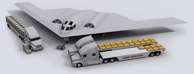 Chương trình Northrop Grumman B2 Spirit Bomber (máy bay ném bom tàng hình) của Mỹ tiêu tốn khoảng 44,75 tỷ USD để tạo ra tổng cộng 21 chiếc. Như vậy, mỗi chiếc sẽ có giá tương đương hơn 2,13 tỷ USD. Và trong hình là số vàng tương đương để làm ra một chiếc B2 Spirit.