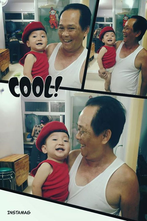 Hương Baby - bà xã Tuấn Hưng đã chia sẻ hình ảnh Su Hào cười khoái chí khi được ông nội bế và đội mũ do ông tặng. Nhóc tỳ có nhiều nét rất giống ông nội.