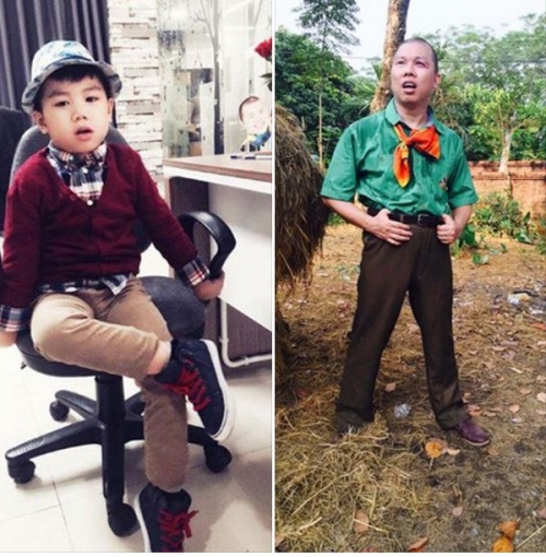Diễn viên Hải Anh chia sẻ hình ảnh con trai mặc đồ bảnh bao, đẹp trai để so sánh với hình ảnh nhếch nhác của mình trong 1 vai diễn kèm theo chú thích hài hước: \'Hy sinh đời bố, củng cố đời con!\'.