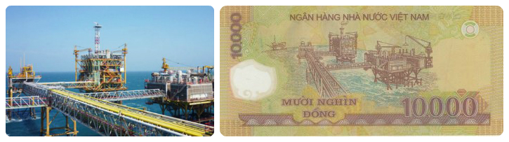 10.000 đồng: Mỏ dầu Bạch Hổ thuộc bồn trũng Cửu Long. Mỏ nằm ở vị trí đông nam, cách bờ biển Vũng Tàu khoảng 145 km. Đây là mỏ cung cấp dầu mỏ chủ yếu cho Việt Nam hiện nay.
