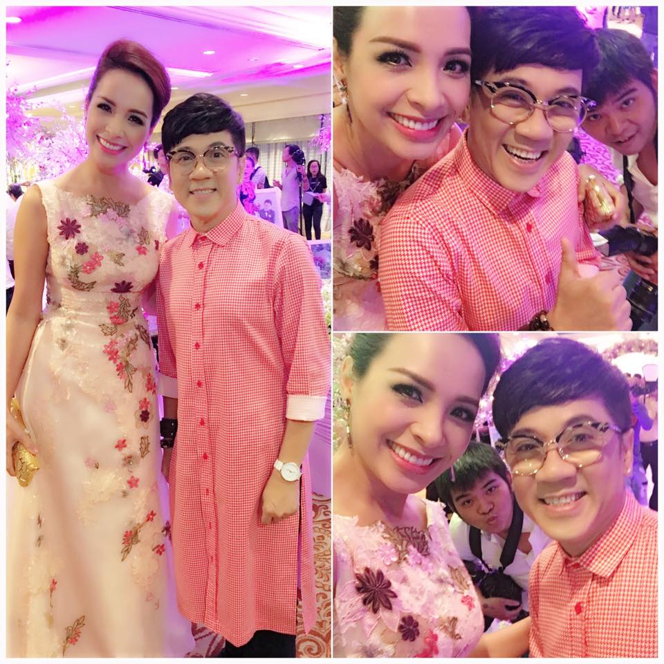 Thúy Hạnh \'Đi ăn cưới mà vô tình mặc tông xoẹt tông với \'người ấy\' nên xúm lại toe toét chụp hình ngay. Vậy mà có kẻ phá đám, chui cái mặt vào bằng được\'.