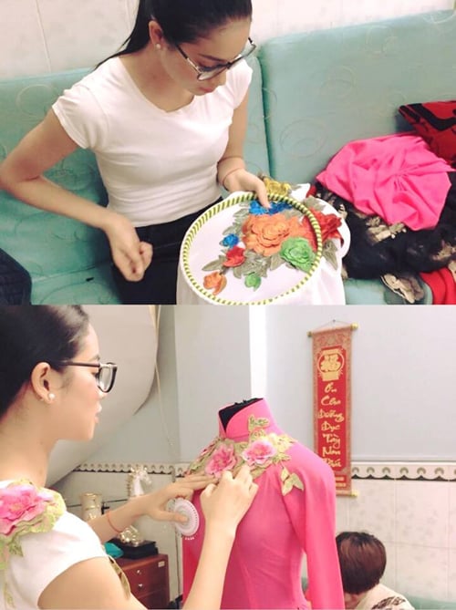 Phạm Hương thể hiện tài nữ công gia chánh, tỉ mẩn thêu thùa.