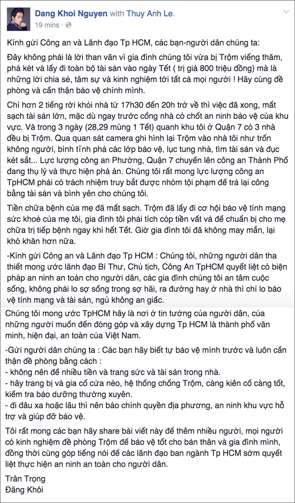 Nhà ca sĩ Đăng Khôi bị trộm 