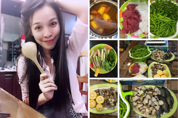 Hiền Thục biểu cảm dễ thương khi vào bếp trổ tài nấu nướng: \'Thục can cook. Nấu là phải xuất sắc!\'.