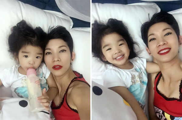 Xuân Lan âu yếm nằm cạnh con gái, cô viết: 'Hạnh phúc nhất khi em có con mà không bị ràng buộc. Mạnh dạn nhìn vào sự thật, chấp nhận thất bại, đối diện với nó, rồi đóng cổng giao lưu những mối quan hệ hết vui! Tự nhiên có nhiều cánh cửa khác mở ra rủ ta tung tăng đón chào niềm vui mới'.