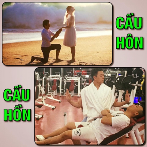 Trấn Thành được Ngô Kiến Huy cầu hôn trong phòng tập GYM. Cả hai hành động khá biểu cảm.