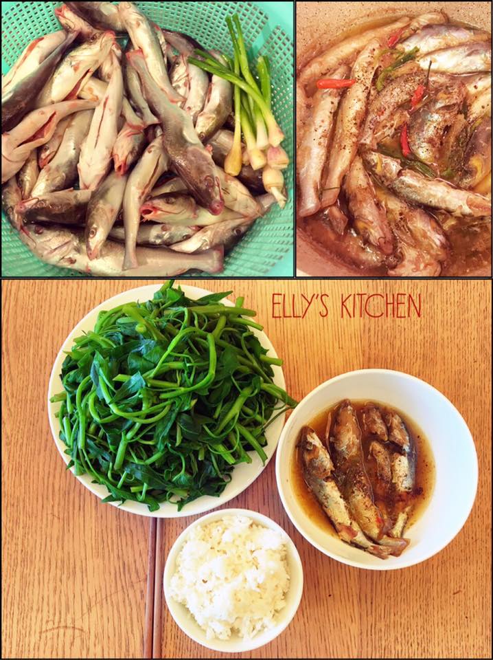 Elly Trần khuyên các chàng trai nên yêu một cô gái biết nấu ăn và chia sẻ thêm: 'Chiều hôm qua cô Ly đi quay phim ở một khúc sông nọ, đúng lúc dân làng vừa đi bắt cá sông về, ngon, tươi, chắc, rẻ. Cô Ly mua ngay 2kg, tối qua về đến nhà chong đèn lui cui ra làm cá, kho lạt. Trưa nay nhà cô Ly ăn đậm đà dung dị quê hương'.