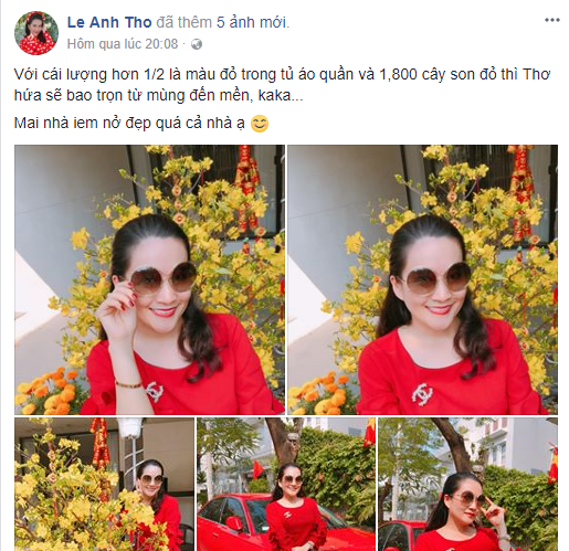 Mặc dù không hoạt động trong showbiz nhưng Anh Thơ luôn lọt top danh sách những cô vợ có gu thời trang vô cùng cuốn hút. Thuộc thế hệ 7X nhưng bà xã Bình Minh vẫn sở hữu gương mặt trẻ trung, vóc dáng thon thả hiếm thấy. Để luôn xuất hiện đẹp như vậy, Anh Thơ không ngần ngại đầu tư tiền tỷ cho việc mua sắm mỹ phẩm đắt tiền. Cụ thể, cô có tới 1.800 cây son đỏ với đa dạng kiểu dáng, mùi thơm của nhiều thương hiệu nổi tiếng thế giới.