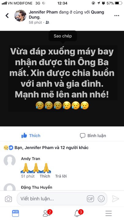 Sau khi Quang Dũng bất ngờ chuyển ảnh đại diện trên trang cá nhân sang một màu đen đầy tang thương và thông báo cha ruột - ông Thái Văn Nhung qua đời, Jennifer Phạm đã không khỏi ngậm ngùi, xót xa. Theo đó, Hoa hậu Châu Á tại Mỹ 2006 nhanh chóng bày tỏ sự thương tiếc và gửi lời động viên tới chồng cũ.