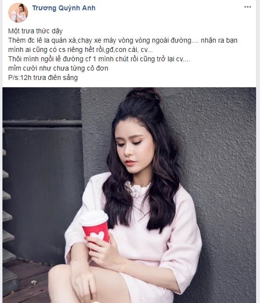 Trương Quỳnh Anh bất ngờ đăng tải hình ảnh kèm đoạn trạng thái khá tâm trạng nhằm đề cập đến cuộc hôn nhân hiện tại giữa cô với Tim. Theo đó, nữ diễn viên bày tỏ, 