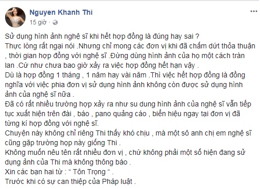 Đoạn trạng thái mới nhất của Khánh Thi về chuyện bị sử dụng hình ảnh khi hợp đồng chấm dứt.